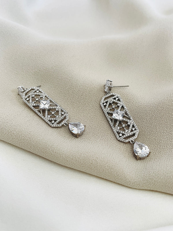 SIDONE - Art Deco Style CZ Crystal Drop Earrings In Silver - JohnnyB Jewelry