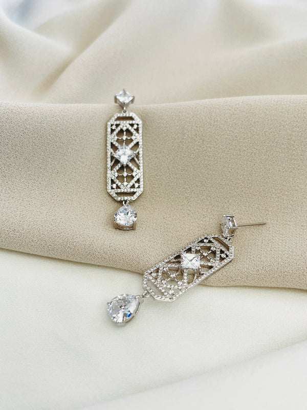 SIDONE - Art Deco Style CZ Crystal Drop Earrings In Silver - JohnnyB Jewelry
