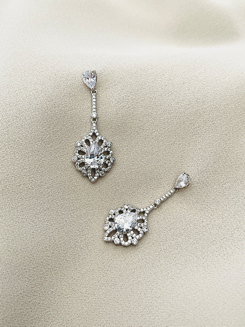 ESTHER - Multi-Shaped CZ Dangle Delicate Drop Earrings In Silver - JohnnyB Jewelry