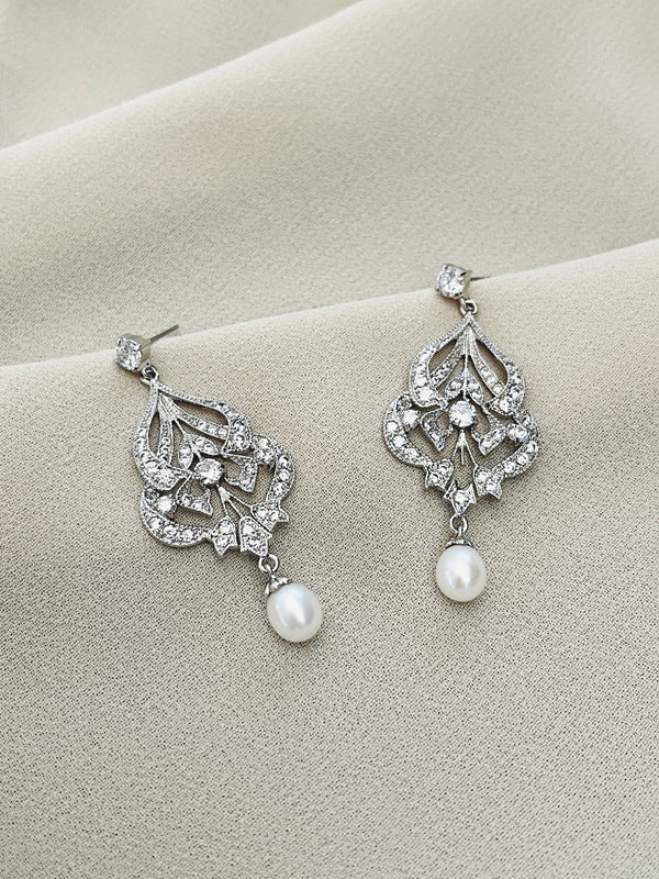 AUDREY - CZ Crystal And Freshwater Pearl Drop Earrings In Silver - JohnnyB Jewelry