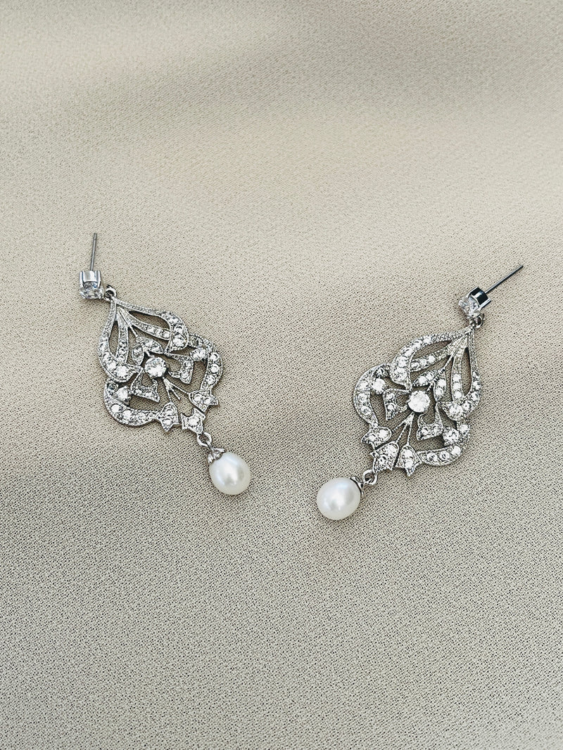 AUDREY - CZ Crystal And Freshwater Pearl Drop Earrings In Silver - JohnnyB Jewelry