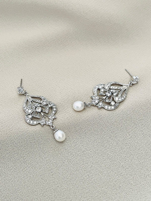 AUDREY - CZ Crystal And Freshwater Pearl Drop Earrings In Silver - JohnnyB Jewelry