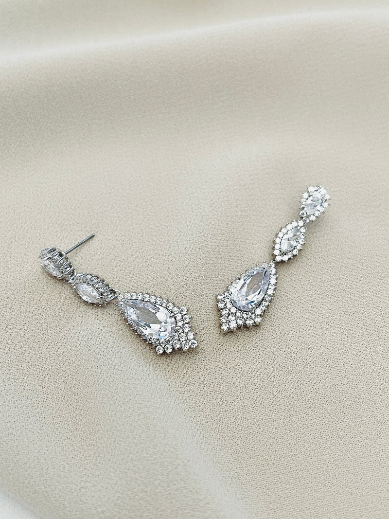 ODESSA - Ornate Long Drop CZ Crystal Earrings - JohnnyB Jewelry