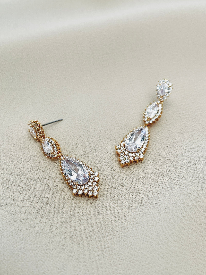 ODESSA - Ornate Long Drop CZ Crystal Earrings - JohnnyB Jewelry