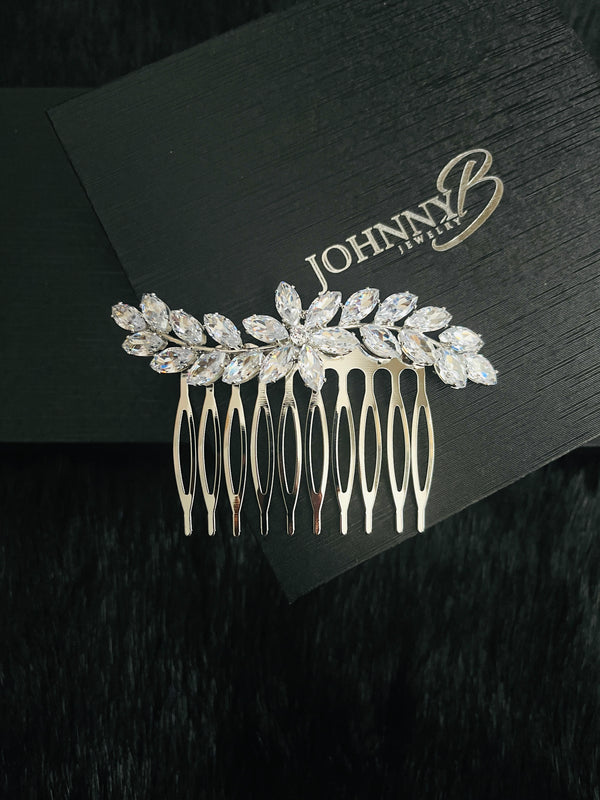 PENELOPE - Marquise CZ Leaf Spray Hair Comb In Silver