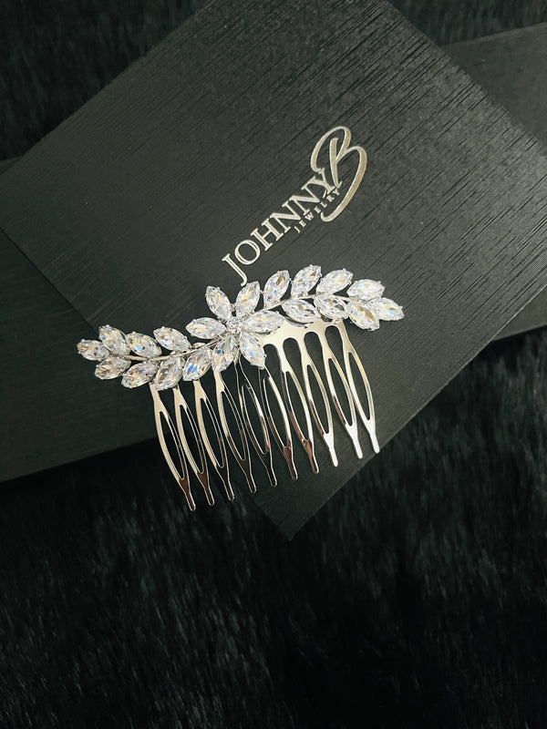 PENELOPE - Marquise CZ Leaf Spray Hair Comb In Silver