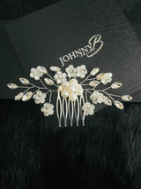 RUBY - Crystal Leaf With Flower Hair Comb In Silver