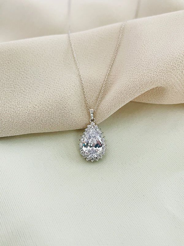 VERONA - Refined Larger Teardrop With CZ Setting Pendant Necklace - JohnnyB Jewelry