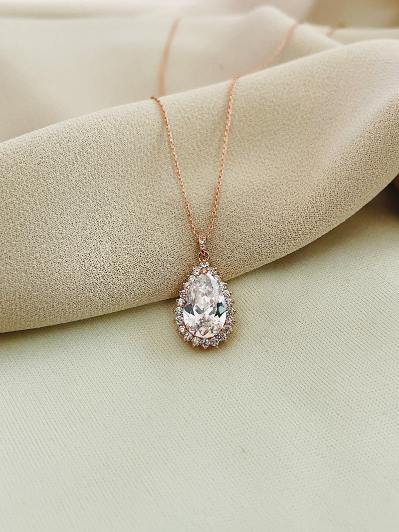 VERONA - Refined Larger Teardrop With CZ Setting Pendant Necklace - JohnnyB Jewelry