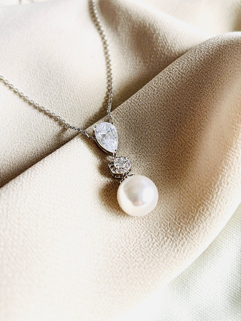ANAIS - Graceful Necklace With Pear-Shaped Stone, CZ Medallion And Pearl In Silver