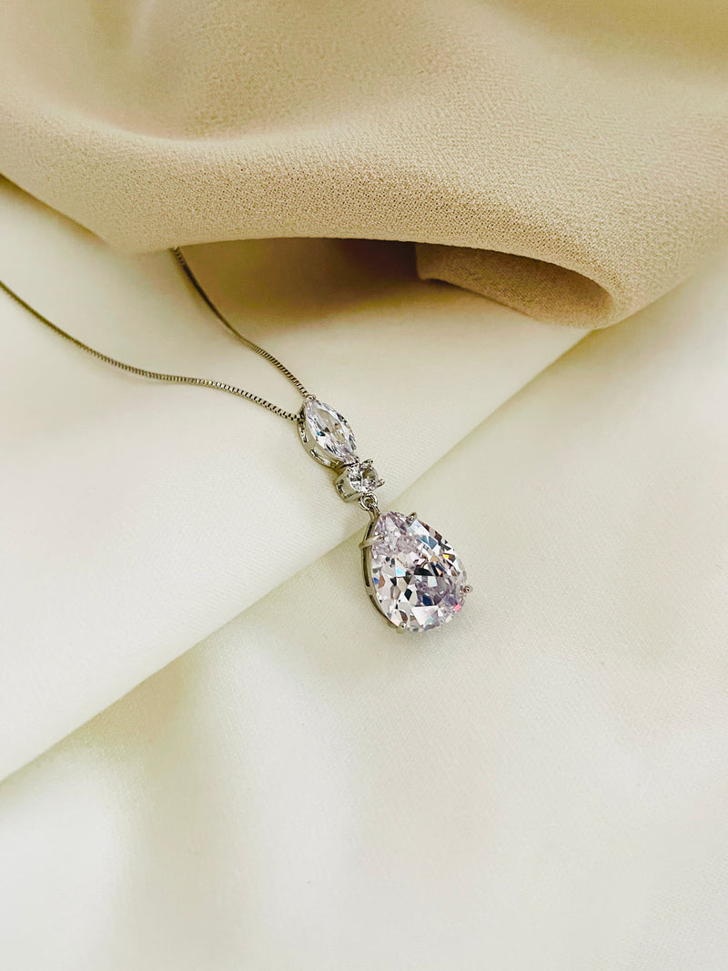 ALISA - Large Teardrop With Multi-Shaped CZ Necklace In Silver