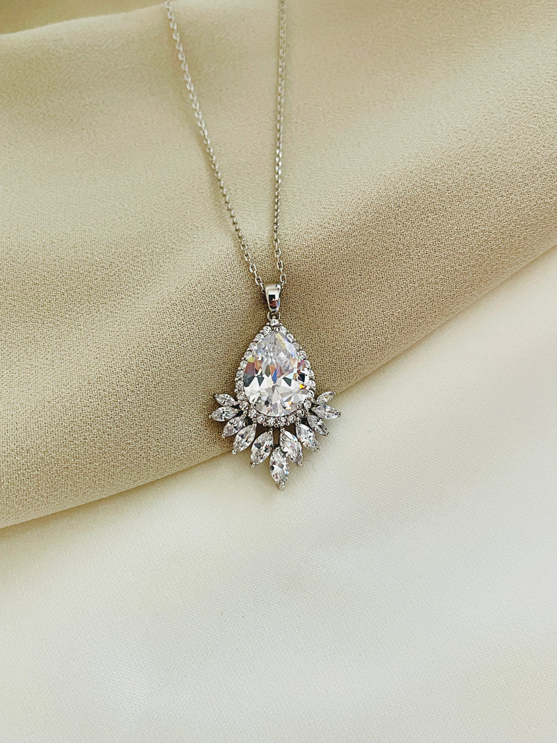 CLEOPATRA - Large Teardrop With Marquise CZ Necklace In Silver
