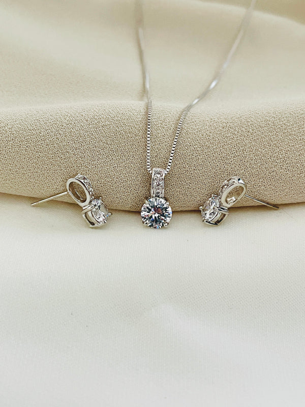 ESSENCE - Modern CZ Pendant Necklace With Matching Huggie Earrings In Silver