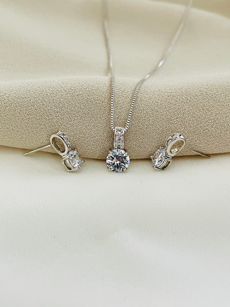 ESSENCE - Modern CZ Pendant Necklace With Matching Huggie Earrings In Silver