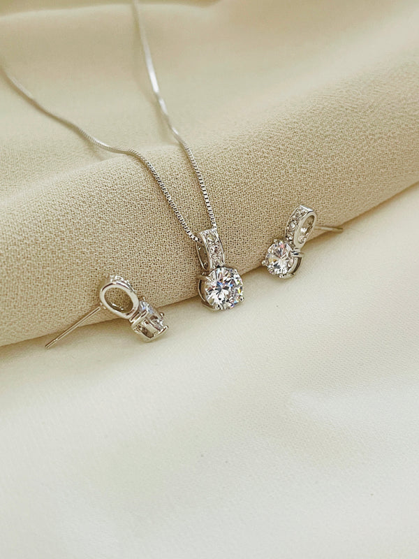 ESSENCE - Modern CZ Pendant Necklace With Matching Huggie Earrings In Silver