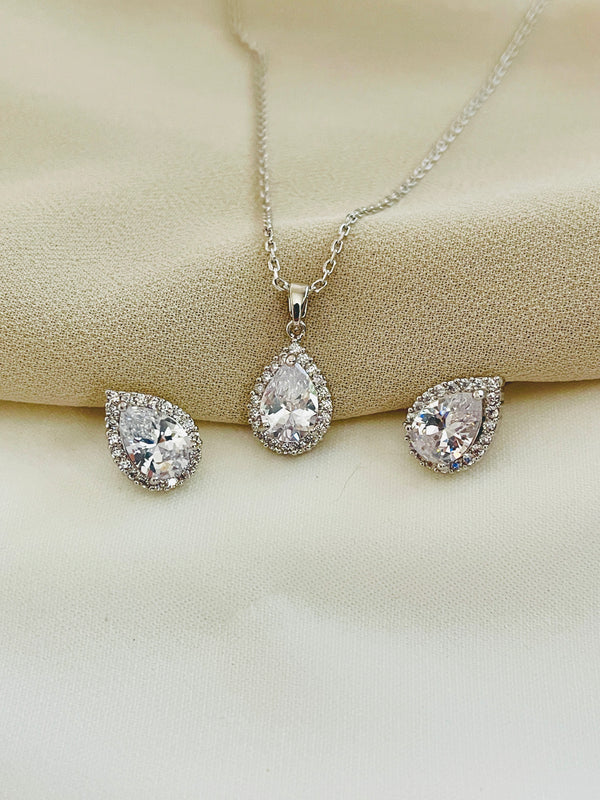 LUCILLE - Classic Teardrop CZ Pendant With Matching Teardrop Stud Earrings In Silver