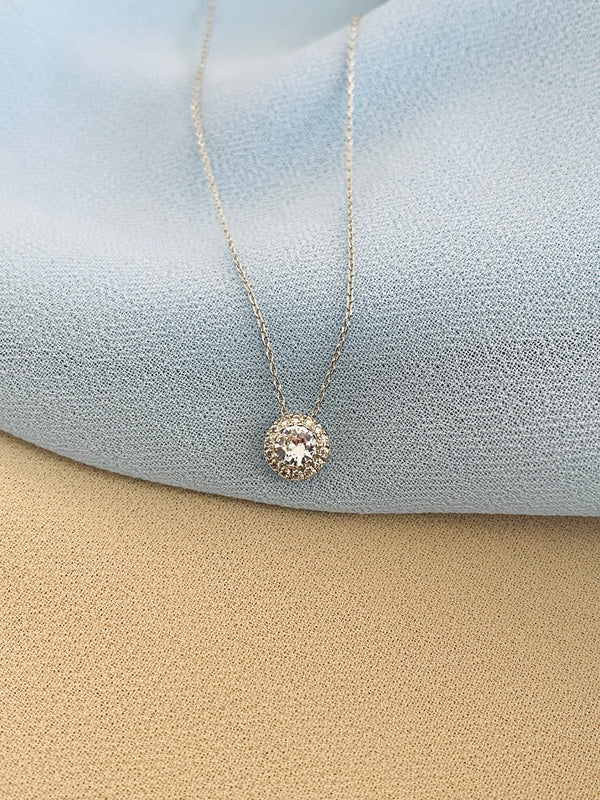 ARIELLE - Stunning Necklace With Round CZ Stone Surrounded By Smaller CZs In Silver