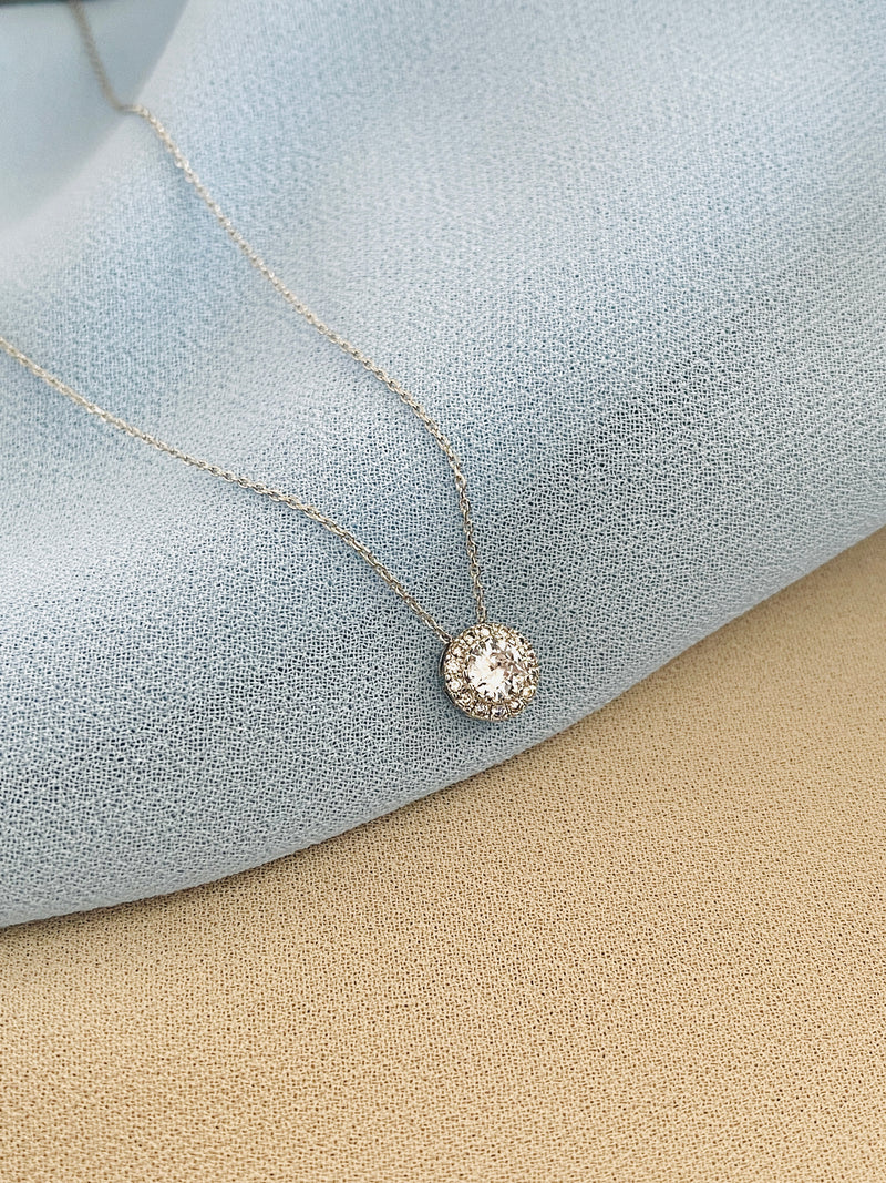 ARIELLE - Stunning Necklace With Round CZ Stone Surrounded By Smaller CZs In Silver