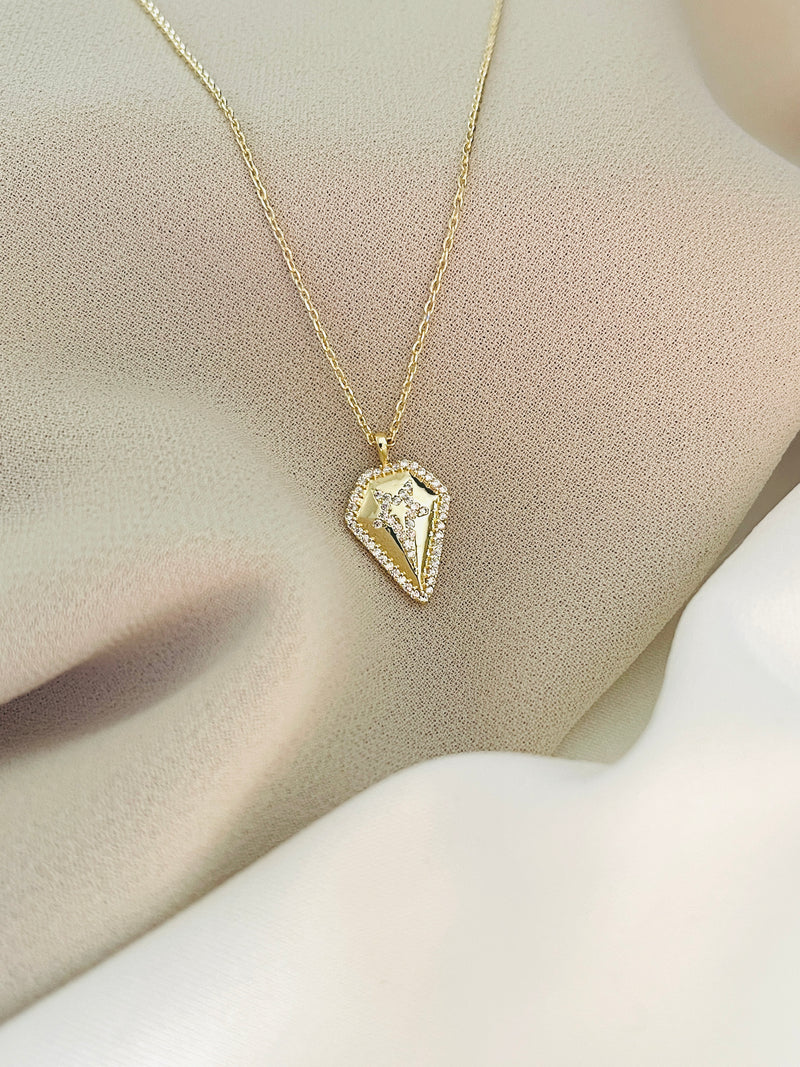 ESTRELLA - Modern-Style Shield-Shaped With Pave CZ Necklace In 14k Gold