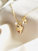 ROSE - Square Pendant With Charm Dangle Necklace In 14k Gold