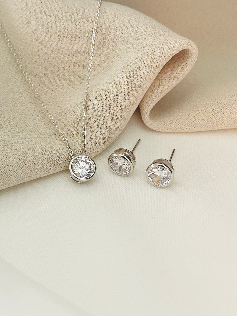 DESTINY - Eye-Catching Simple CZ Necklace with Matching Stud Earrings In Silver