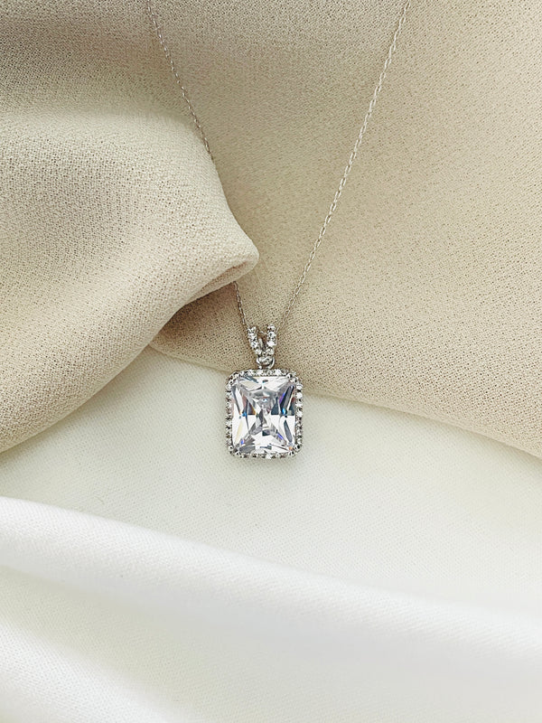 CLARA - CZ Stone In Rounded-Diamond Shape Setting Necklace In Silver - JohnnyB Jewelry