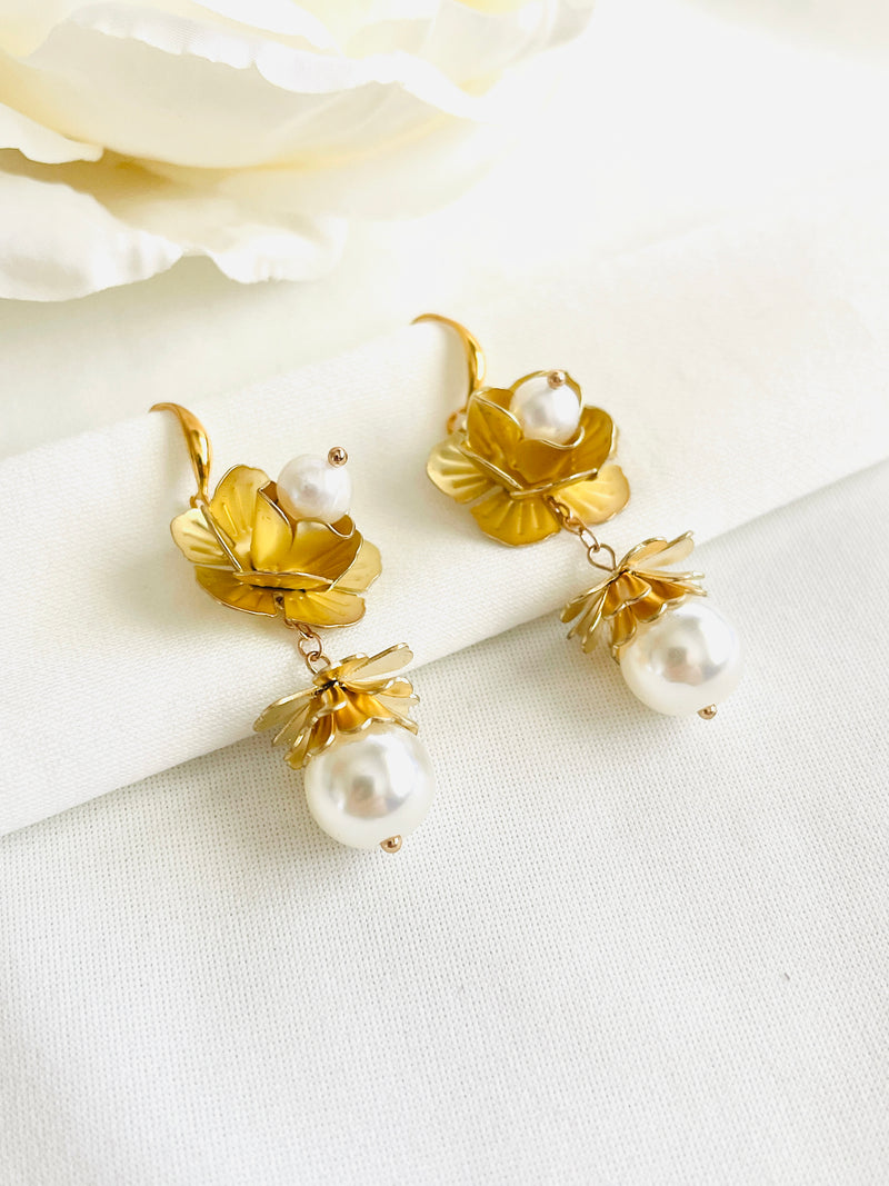 PRISCILLA - Flower With Pearl Dangle With Fish Hook Earrings In Gold