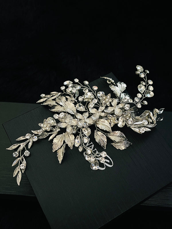 CRISTINA - Bendable Floral With Leaf Hair Clip In Silver