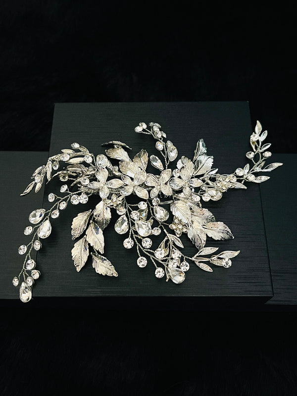 CRISTINA - Bendable Floral With Leaf Hair Clip In Silver