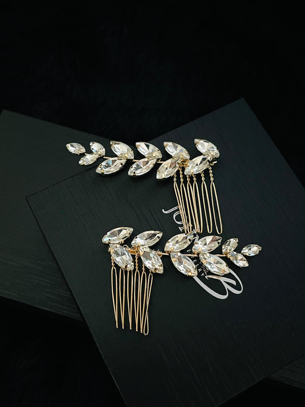 NAIOMI - 2Pcs Set Marquise Crystal Flower Hair Comb In Gold
