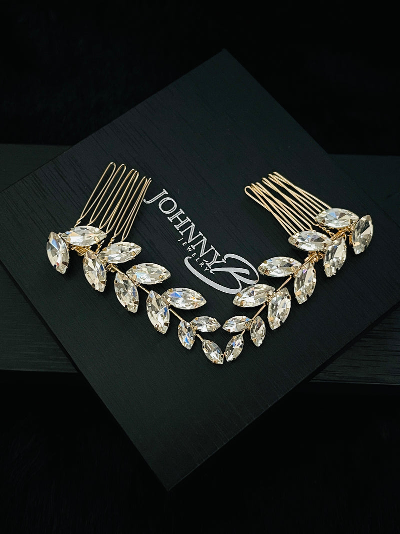 NAIOMI - 2Pcs Set Marquise Crystal Flower Hair Comb In Gold