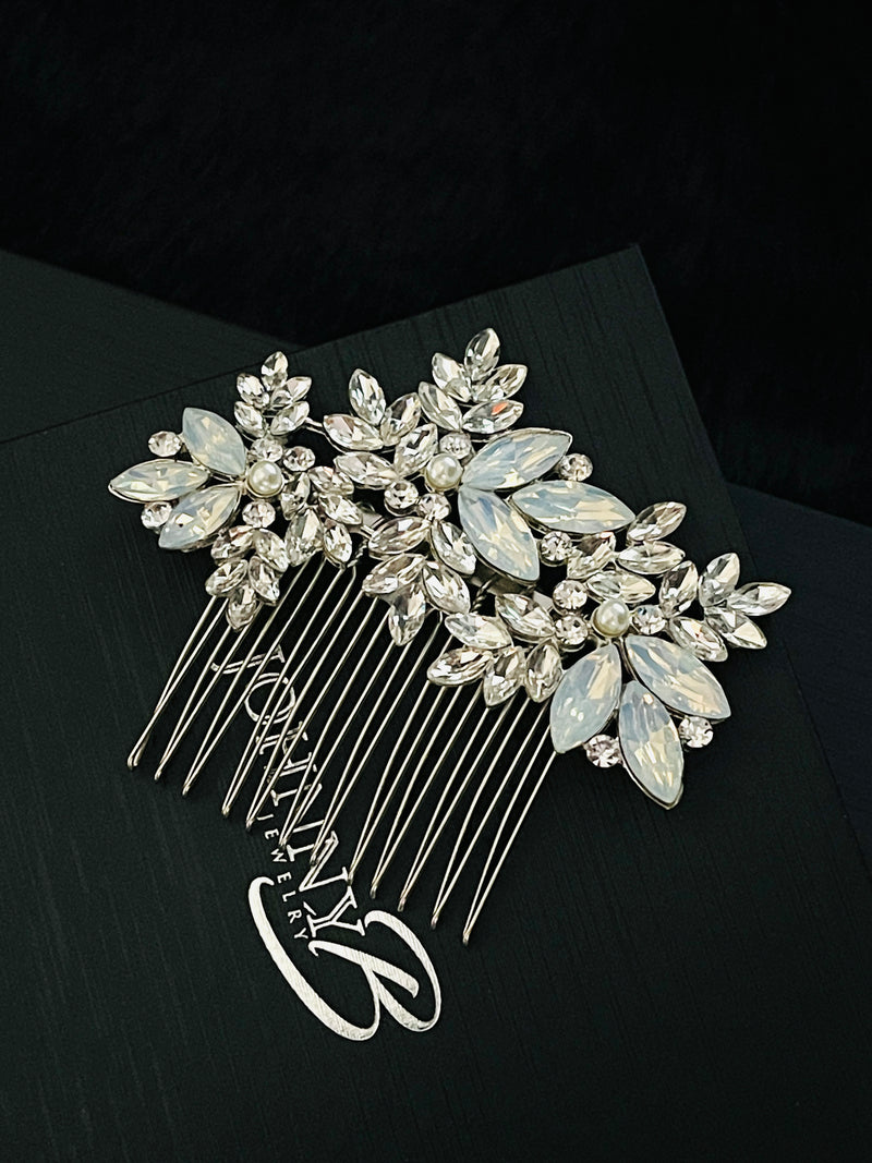 CARLO - Clear-Opal Marquise Crystal With Pearl Hair Comb In Silver