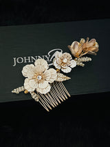 TARA – Large Gold Flowers With Crystal Centers Hair Comb In Gold