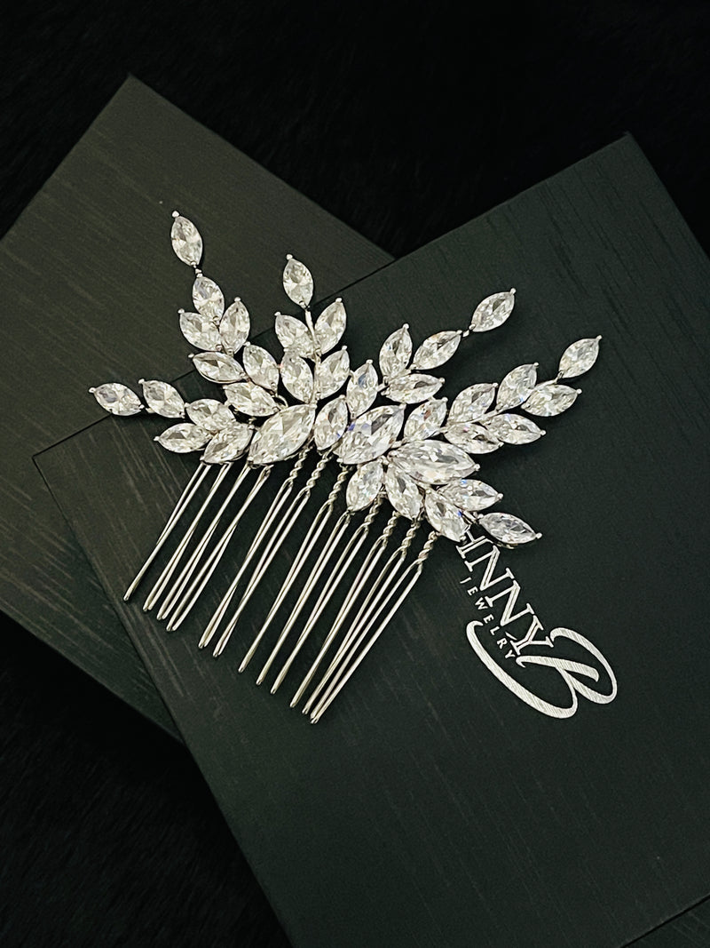 AMANDA - Marquise CZ Leaf Spray Hair Comb In Silver - JohnnyB Jewelry