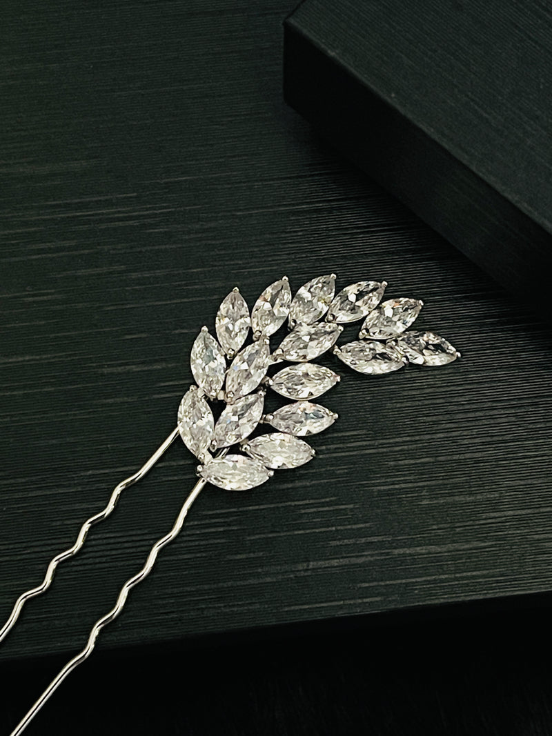 BREA - Marquise Leaf-Shaped CZ Hair Pin In Silver - JohnnyB Jewelry