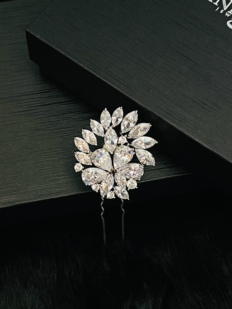 ELLA – Flower And Leaves CZ Hair Pin In Silver - JohnnyB Jewelry