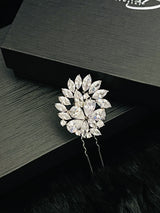 ELLA – Flower And Leaves CZ Hair Pin In Silver - JohnnyB Jewelry