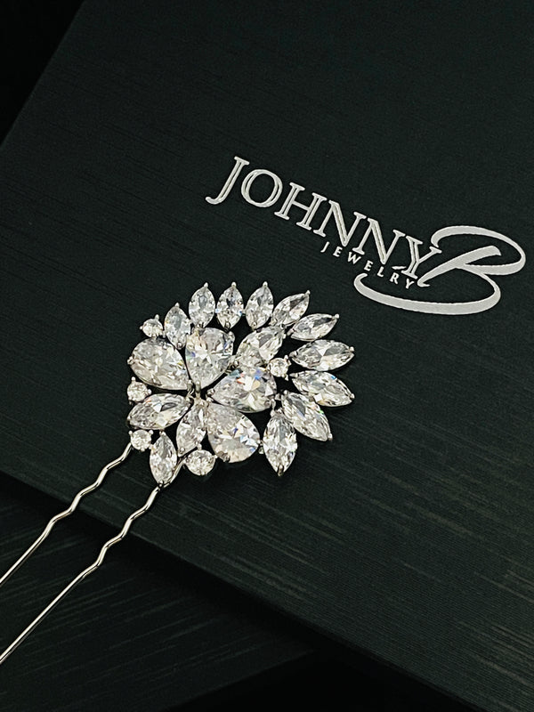 ELLA – Flower And Leaves CZ Hair Pin In Silver - JohnnyB Jewelry