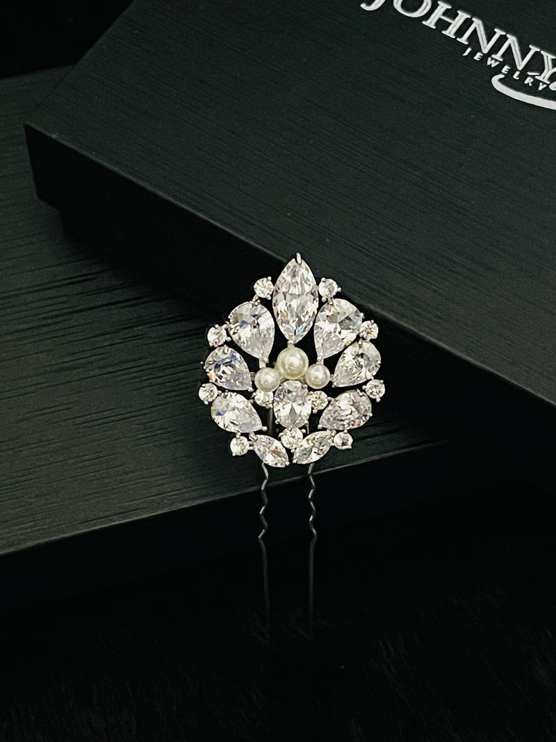 GIA - Three Pearl And CZ Hair Pin In Silver - JohnnyB Jewelry