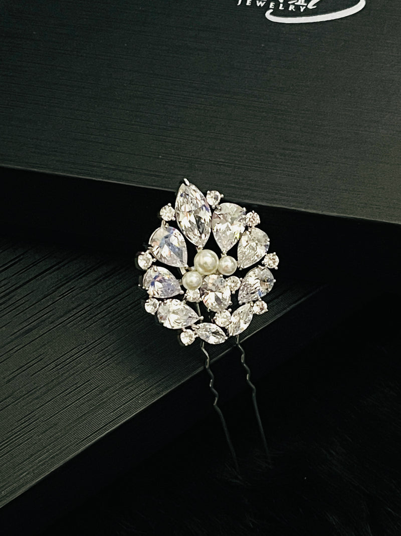 GIA - Three Pearl And CZ Hair Pin In Silver - JohnnyB Jewelry
