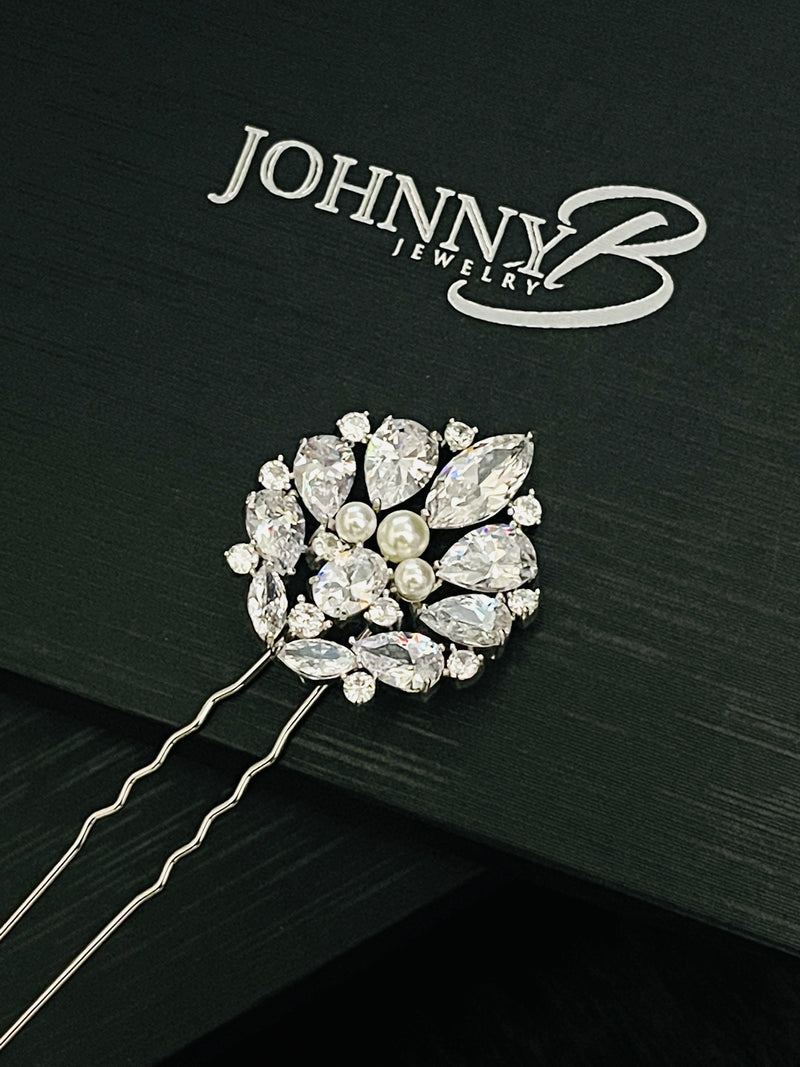 GIA - Three Pearl And CZ Hair Pin In Silver - JohnnyB Jewelry