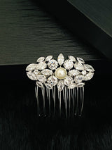 FARAH - CZ And Pearl Hair Comb In Silver - JohnnyB Jewelry