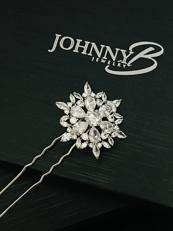 DALIA - Starburst CZ Hair Pin In Silver - JohnnyB Jewelry