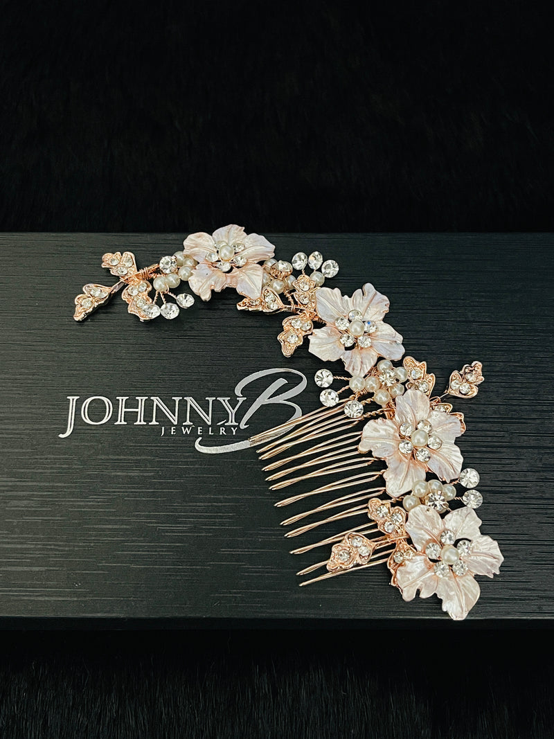 ZELENA – Large Flowers With Rhinestone Leaves Hair Comb