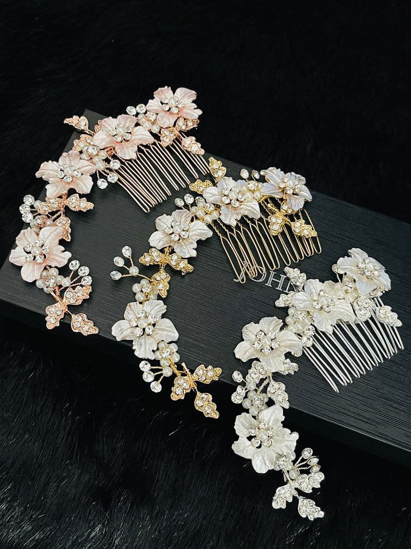 ZELENA – Large Flowers With Rhinestone Leaves Hair Comb