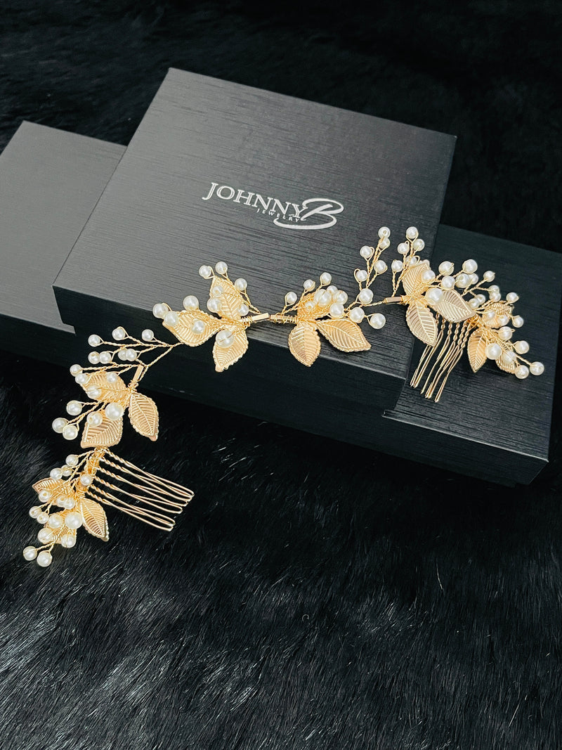 FREYA - Gold Leaves With Pearl Sprays Double Hair Combs In Gold - JohnnyB Jewelry