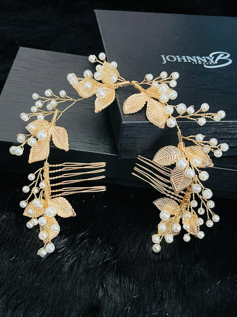 FREYA - Gold Leaves With Pearl Sprays Double Hair Combs In Gold - JohnnyB Jewelry