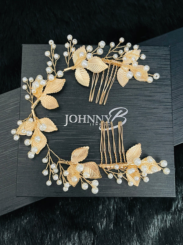 FREYA - Gold Leaves With Pearl Sprays Double Hair Combs In Gold - JohnnyB Jewelry