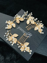 FREYA - Gold Leaves With Pearl Sprays Double Hair Combs In Gold - JohnnyB Jewelry