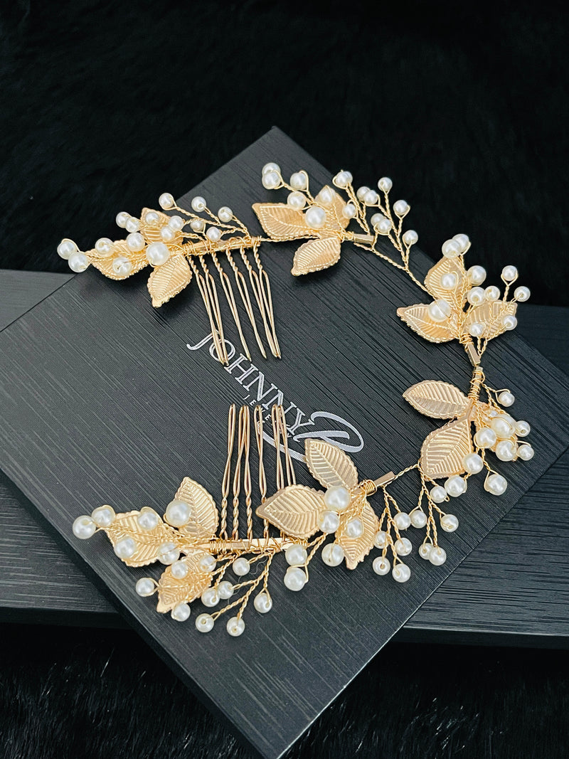 FREYA - Gold Leaves With Pearl Sprays Double Hair Combs In Gold - JohnnyB Jewelry